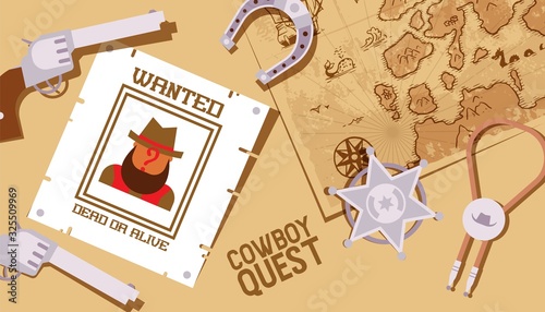 Cowboy quest, Wild West game, sheriff star and American western symbols, vector illustration. Invitation to party in Wild West style, cowboy quest game, adventure event poster. Old map, horseshoe, gun