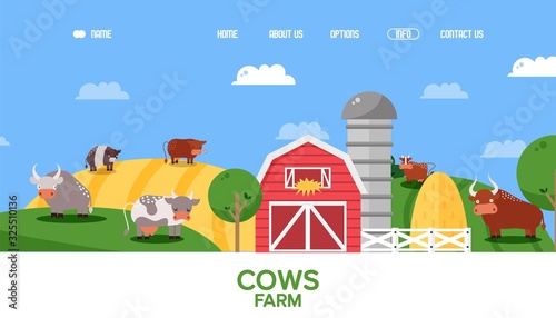Cow farm website  farmland animals in flat style landscape  cattle cartoon characters  vector illustration. Farmers landing page template  cows grazing on summer fields in rural area. Simple landscape