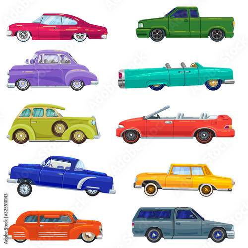 Lowrider tech car retro vintage, old, auto flat style set isolated on white vector illustration. Vintage low clearance automobile cabriolet car vehicle collection old design 50s, 60s. 70s. Retro