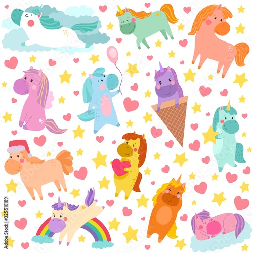 Cartoon pony unicorn vector illustration kids pattern. Cute fairy fantasy ani...
