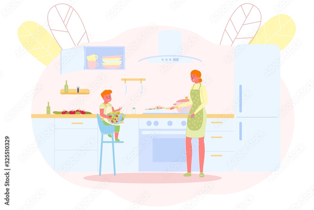 Mother Cooks with her Son in Spacious Kitchen. Mother Cooks with her Son in Spacious Kitchen.