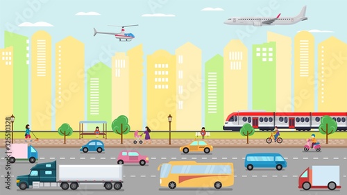 City transportation concept vector illustration. Urban road street transport traffic and people. Cars, bus, trucks, train taxi. Air transportation plane, helicopter. Public stop, buildings, houses.