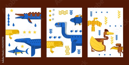 Dinosaur prehistoric animal on banner set in simple geometric cartoon style, vector illustration. Dino world creatures, prehistoric monsters, childish dinosaurs on banner collection in flat design