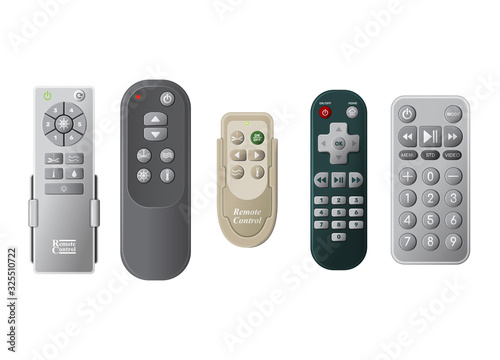 Remote TV controls buttons isolated vector illustration. Wireless power media device to switch channel programmes remotely. Universal plastic controller technology equipment in realistic style.
