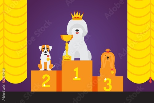 Dog show award, cute pet winner, animal grooming competition podium, vector illustration. Different breeds of dogs, pet cartoon character, award winning animal on exhibition show. Win first place