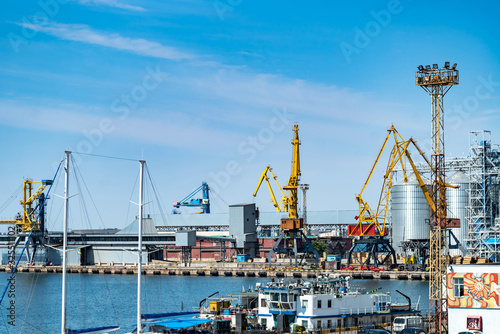 Cargo sea port. Sea cargo cranes. Sea delivery concept. Selective focus.