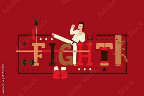 Martial arts typography poster, karate fighter cartoon character in traditional gi uniform, vector illustration. Fight club booklet, man practice karate, judo kickboxing workout, martial arts training