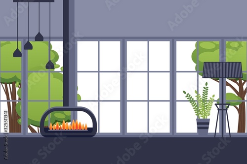 Fireplace in modern room interior, spacious apartment room in flat style, vector illustration. Large window of comfortable house, cozy home with modern loft interior, fire burning in open fireplace