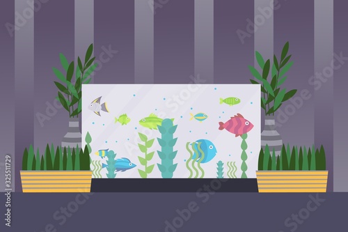 Aquarium in room interior, fish swimming in water, simple flat style vector illustration. Aquarium fish and seaweed, houseplants in house interior. Decoration for home and office, aquatic pet shop