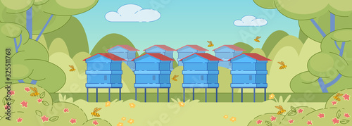 Summer Rural Landscape Background with Apiary.