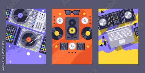 DJ club party banner, nightclub music equipment and accessories in flat style, vector illustration. Night club event invitation, dj accessories sound equalizer, vinyl record disc. Club party banner