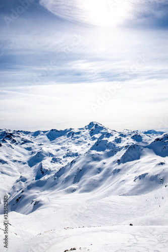 Val Thorens, France - February 21, 2020: Winter Alps landscape from ski resort Val Thorens photo