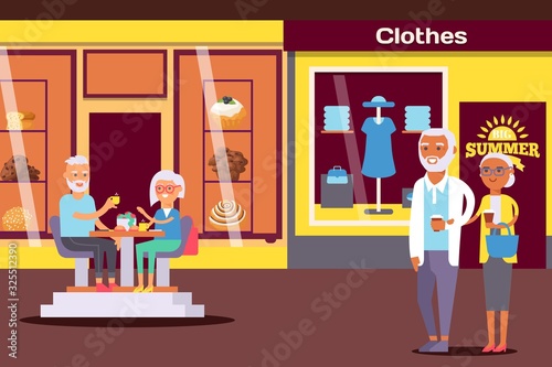 Senior couple in shopping center, elderly people in romantic cafe, vector illustration. Happy pensioners enjoying retirement together, shopping mall store and bakery. Elderly couple cartoon characters