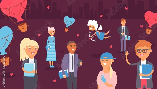 People on valentines day, cupid aiming at single men and women cartoon characters in flat style, vector illustration. Cheerful single people looking for date, love and relationship on valentine day
