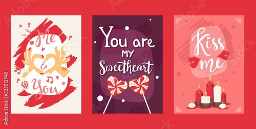 Valentine day typography banners, cards with typographic phrases and quotes, vector illustration. Romantic text for valentines day card template, love holiday. You are my sweetheart, kiss me, banner
