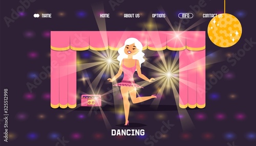 Woman dancing on stage, cartoon character performance, website design vector illustration. Beautiful girl dancer on talent show, happy woman dance on stage. Landing page template, famous star concert