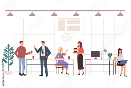 People office workers characters taking break and drinking coffee. Vector flat graphic cartoon design illustration