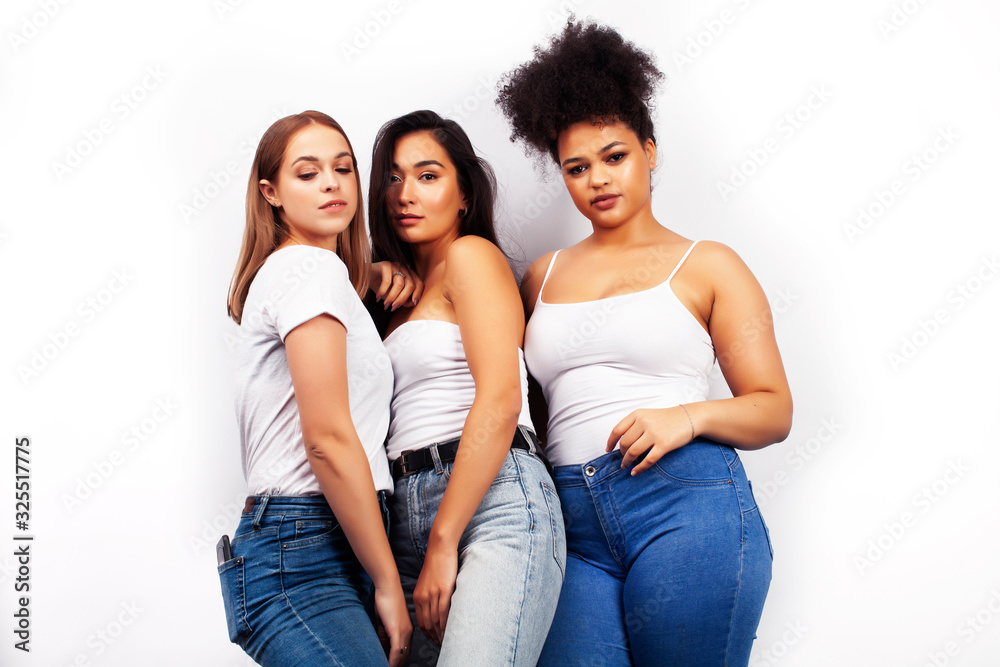 Fototapeta premium diverse multi nation girls group, teenage friends company cheerful having fun, happy smiling, cute posing isolated on white background, lifestyle people concept, african-american, asian and caucasian