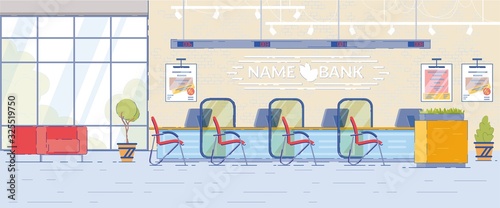 Bank Office Interior Space with Counter or Desk.