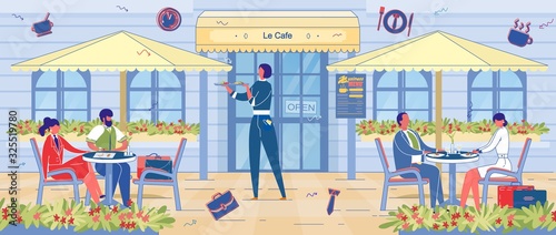 Street Restaurant with People on Business Lunch.