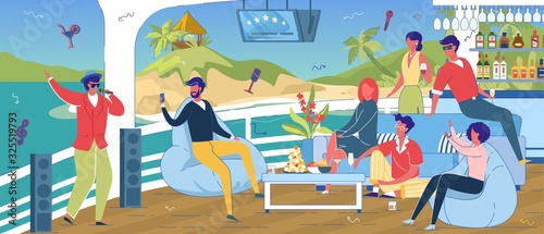 Cruise Ship Bar Area with People Resting on Deck