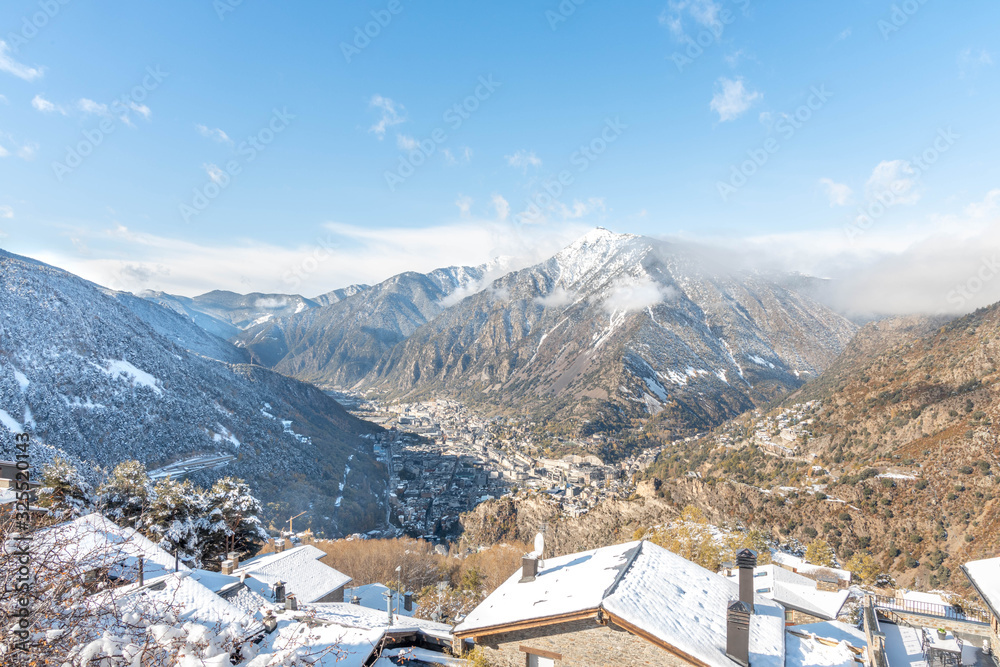 View from the sky of the city of Andorra with the blue sky