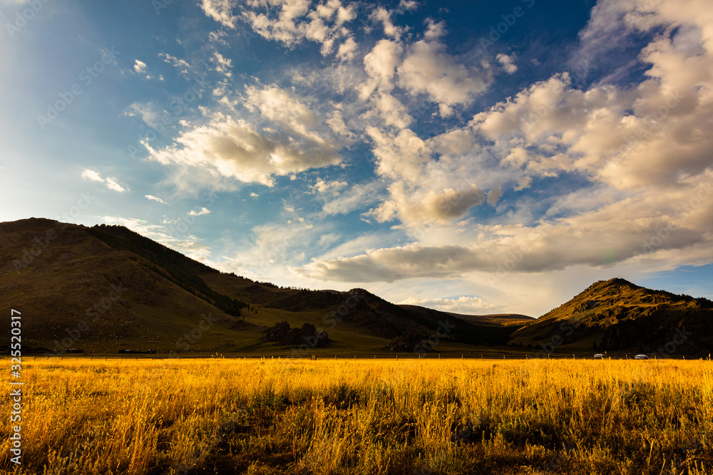 The sun goes down at Mongolia , Sunset Landscape photography in the Mongolian steppe at Arhangai-Aimag. Blue sky with white clouds and yellow steppe grass in foreground