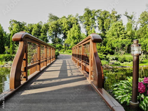 Wooden bridge on a pond. Perspective view. Summer park.