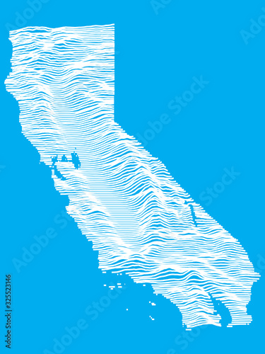 Blue Smooth Topographic Relief Peaks and Valleys Map of US Federal State of California