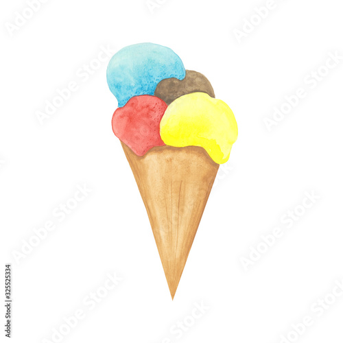 Hand drawn watercolor ice-cream isolated on white background. Colorful frozen dessert in cone for your design. Vanilla, chocolate, strawberry flavors on fresh sweet snack print.