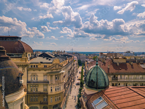 Aerial view of SANU building and pedestrian zone in Belgrade