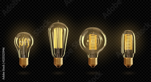 Vector realistic glowing lamp hanging on the wire. Incandescent lamp isolated on transparent background. Electric lightbulb, symbol of creative ideas. Decorative Retro design edison light bulb
