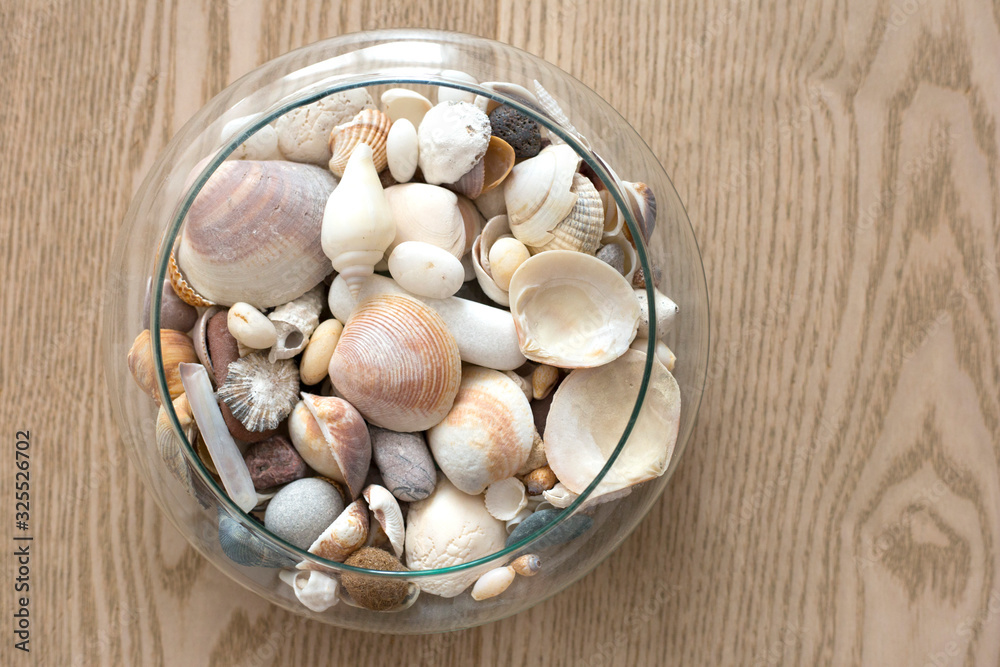 Ocean shells in a glass vase. Glass vase with shells stands on a wooden background Ocean shells in a glass vase. Glass vase with shells stands on a wooden background