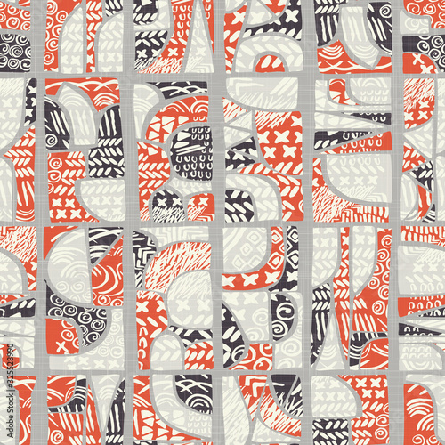 Seamless vector fun doodle shape collage pattern. Retro modern woven linen texture style background. Vintage 1950s warm color decorative all over print. Geo scribble abstract graphic wallpaper tile 