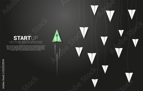 money banknote origami paper airplane go different way from group of white. Business Concept of disruption and vision mission.