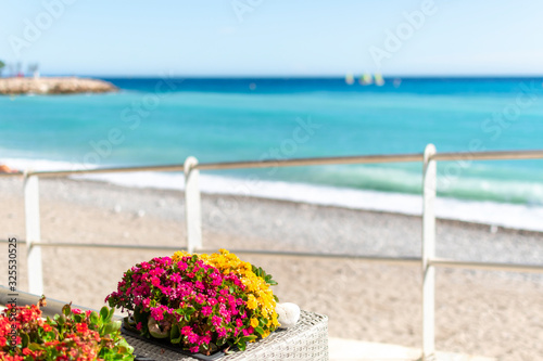 Selective focus on a group of colorful flowers with turquoise aqua colored  Mediterranean sea of the French Riviera blurred behind in Mention France.