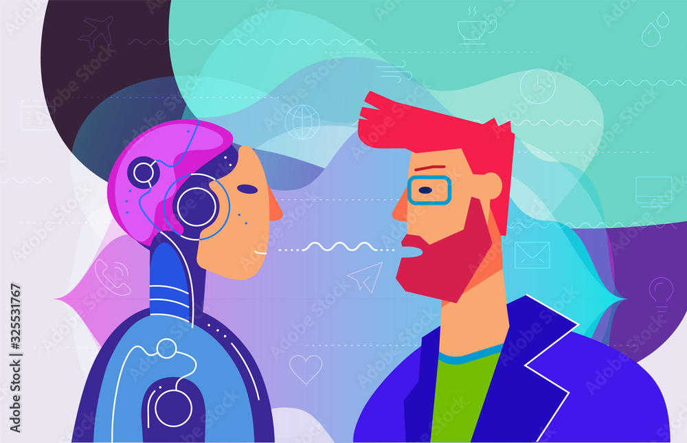 Concept banner with using his voice to command to the robot. Robotic voice assistant concept. Trendy bright linear illustration. At home and work, everywhere Vector | Adobe Stock