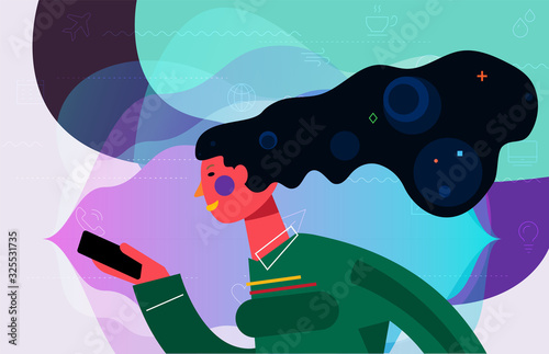 Concept banner with woman using his voice assistant mobile app. Voice assistant concept. Trendy bright linear illustration. At home and work, everywhere