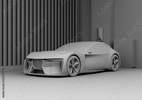 Electric sports car connect to power supply at home. Sustainable lifestyle concept. 3D clay rendering image.
