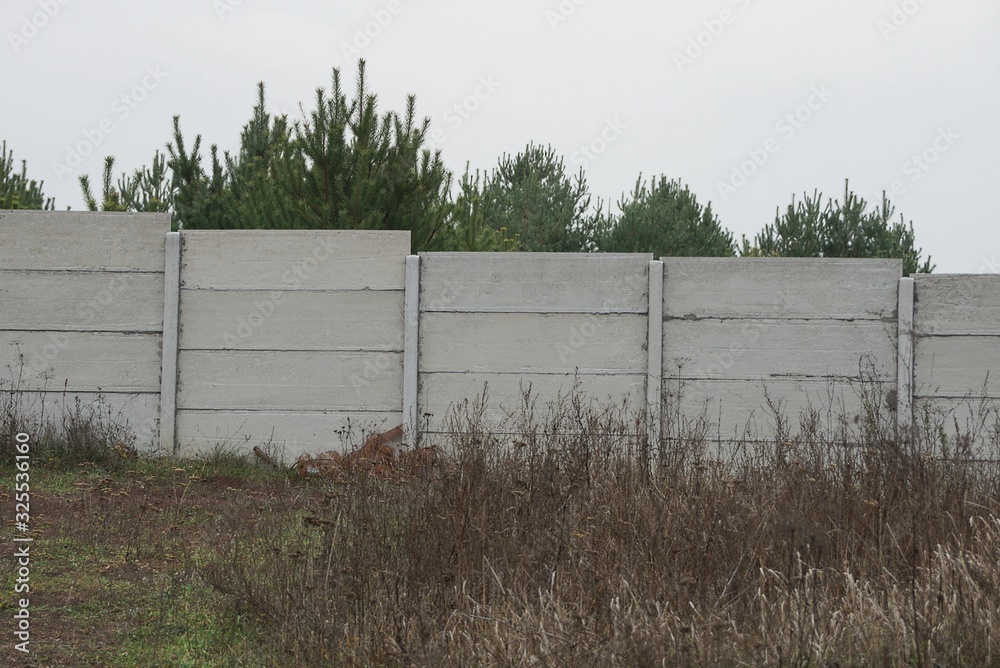 gray concrete wall of the fence in dry grass against the sky and green pine