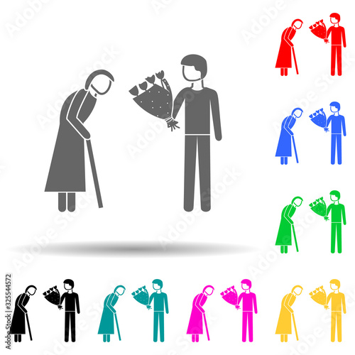 son gives adult mother flowers multi color style icon. Simple glyph, flat vector of mother's day icons for ui and ux, website or mobile application