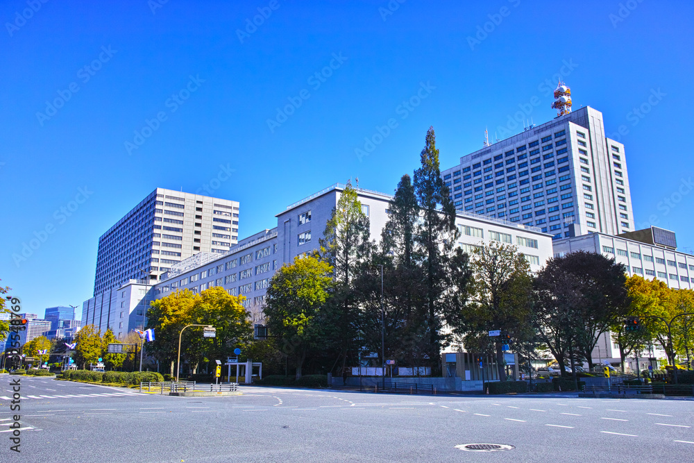 秋の東京千代田区の桜田通りの霞が関二丁目交差点から厚生労働省方面の景観