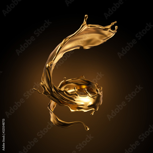 3d rendering, liquid spiral gold splash, artistic paint metallic jet, swirl, wave, golden splashing clip art, abstract design element isolated on black background. Cosmetics ingredient. Luxury concept