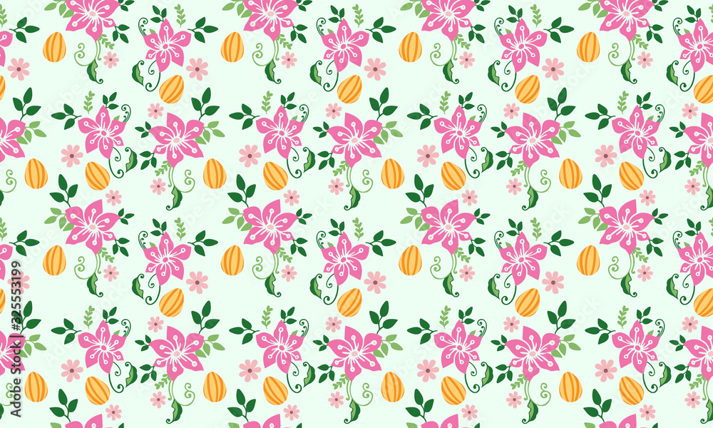 Pink rose flower pattern background for Easter, with floral and egg design.