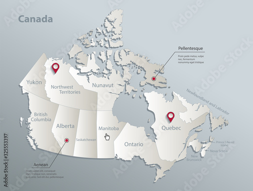 Canada map, administrative division with names, blue white card paper 3D vector