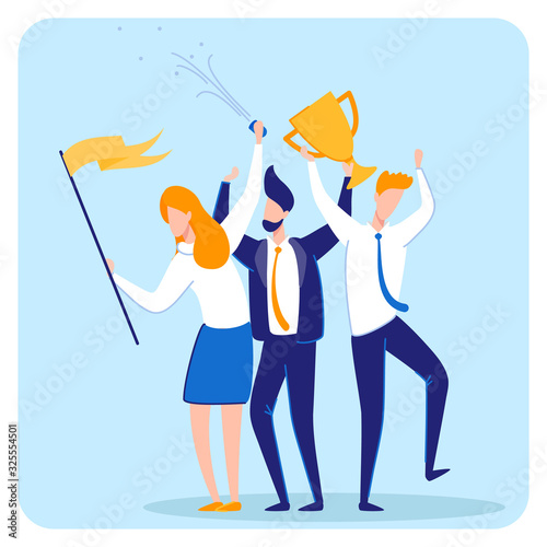 Business Success, Woman and Men Workers Flat Cartoon Banner Vector illustration. People Holding Trophy and Confetti for Successful Projects, Reaching Goal, Winning Competition. Teamwork in Company.