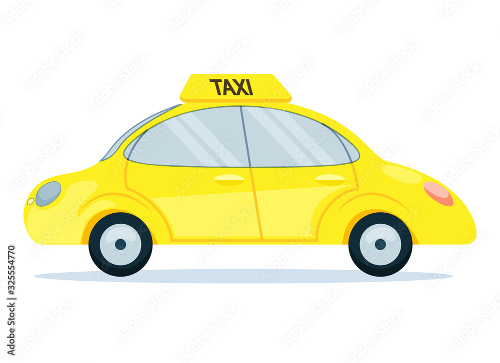 Bright Banner Car with Taxi Sign Cartoon Slide. Transportation Service Flyer. Yellow Car Taxi Online Service. Invitation Poster City Automobile. Vector Illustration on White Background.