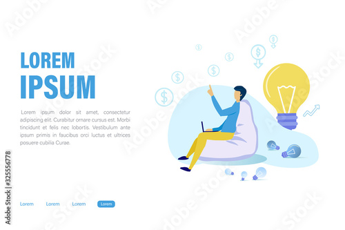 Advertising Banner Selection Business Ideas Flat. Man Sits on Chair and Sorts Out Ideas on Internet Using Laptop. Detailed Consideration Ideas for Successful Business. Vector Illustration.