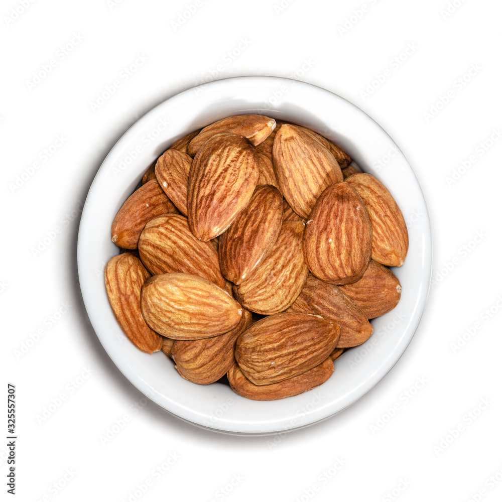 Top View of Almonds On a Porcelain Container Isolated on White Background Top View of Almonds On a Porcelain Container Isolated on White Background