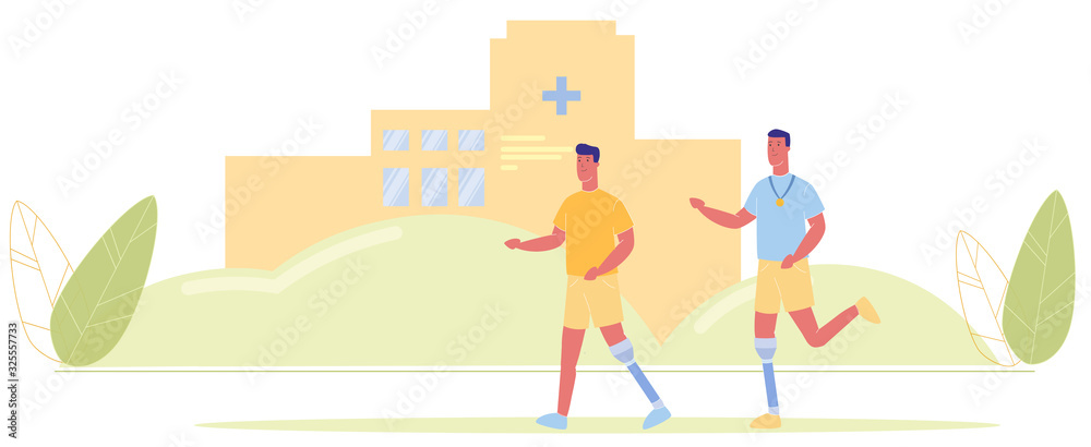 Cartoon Men with Prosthetic Leg Run Vector Illustration. Man with Prosthetic Sport Training. Medical Rehabilitation Center Building. Handicapped Disabled Person Hospital, Clinic Recovery, Rehab